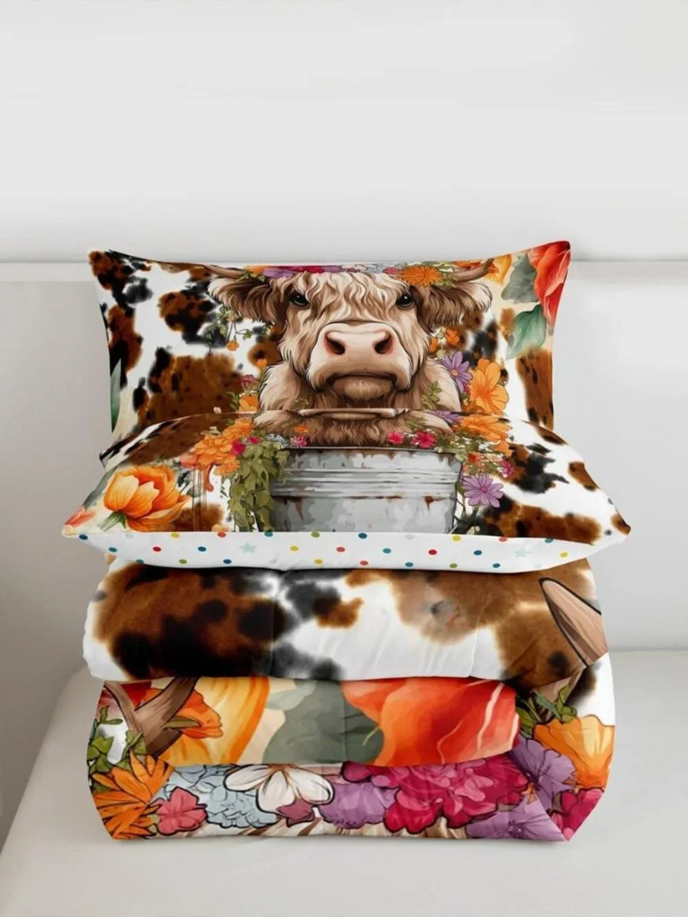 Highland Cattle Cup Comforter Set for Kids Adults,Retro Cow Skin Farmhouse Anima